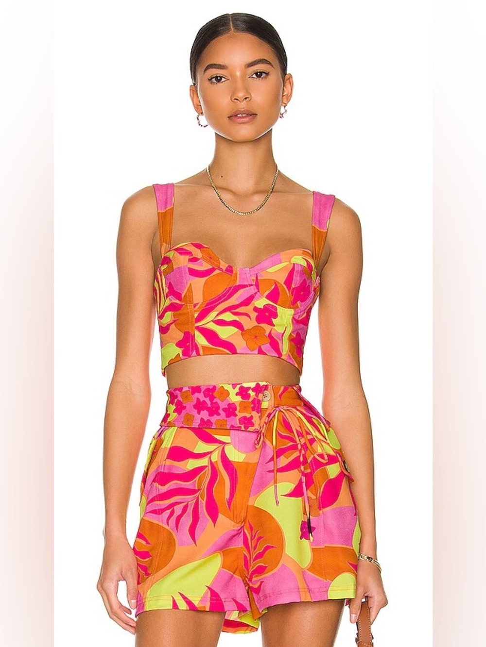 Revolve x Agua Bendita Neon Pink & Peach Smocked Crop Top